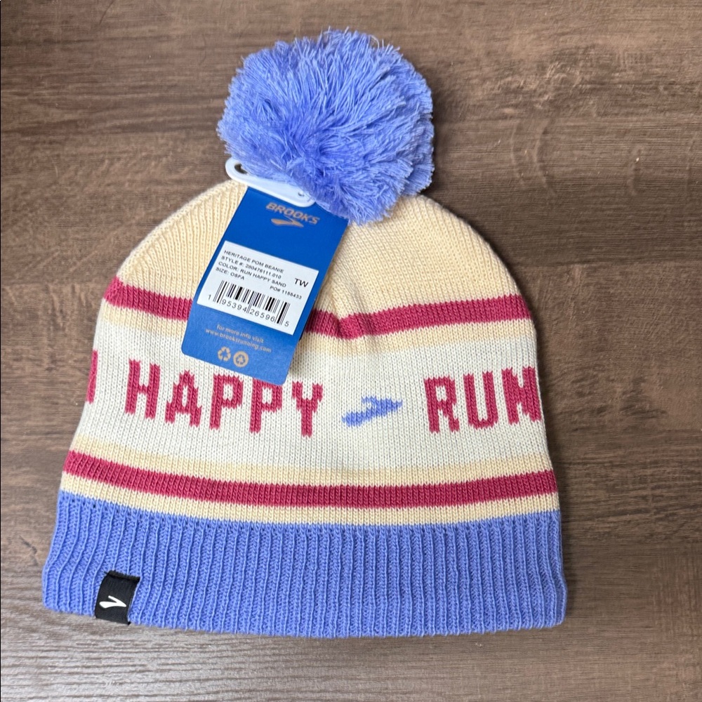 Brooks Women' Blue and Cream Happy Run Beanie